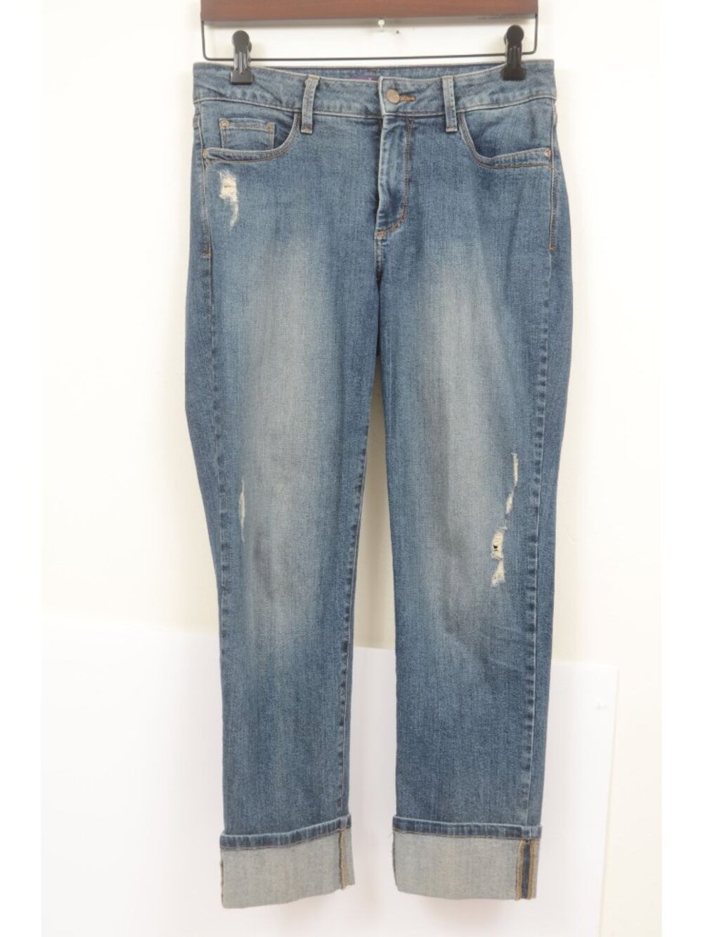 NYDJ Marilyn Women's 6 Lift Tuck Straight Leg Distressed Med‎ Wash Cuffed Jeans